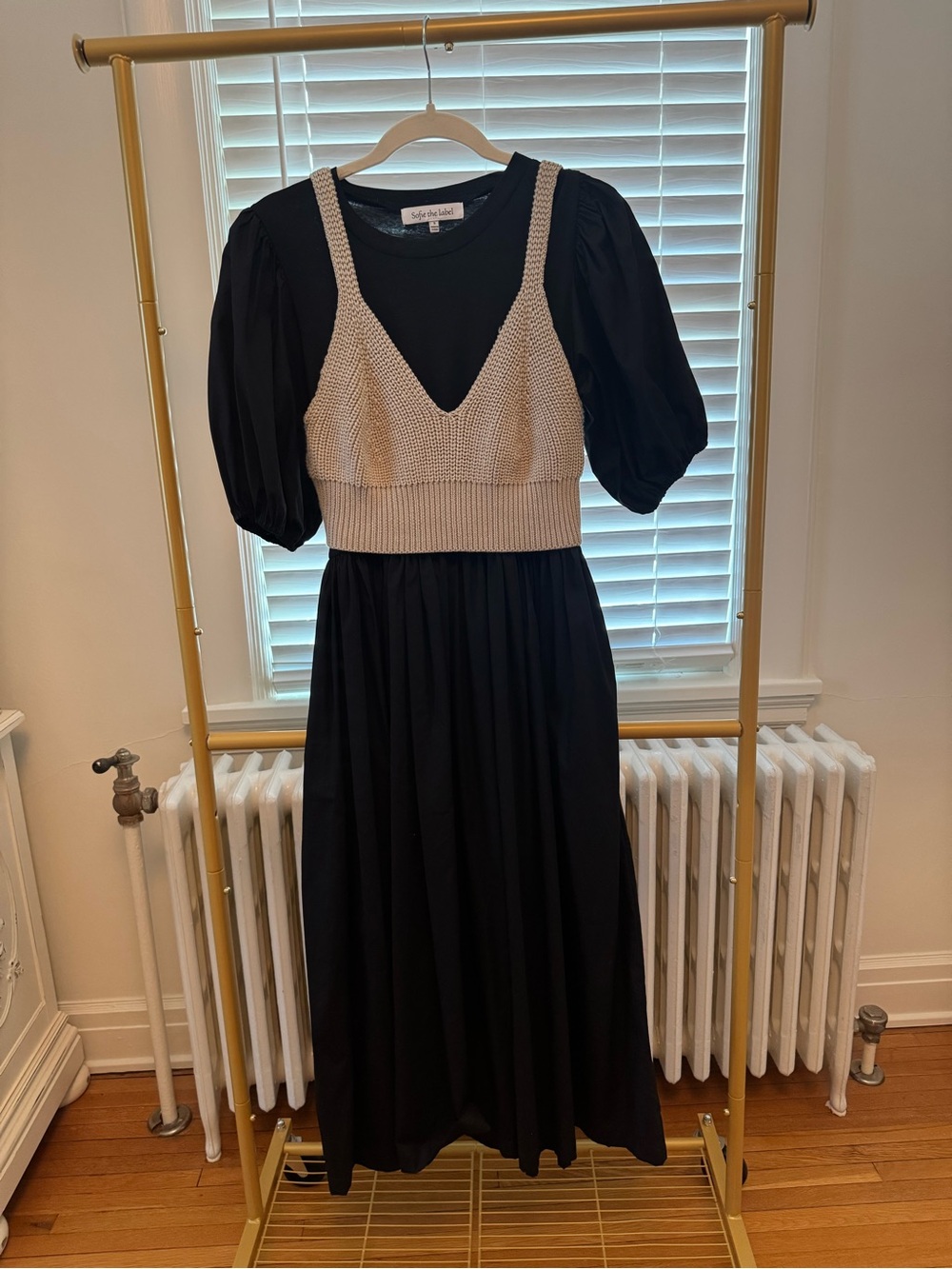 Sophie the Label Black Puff-Sleeve Midi Dress w/Cream Knit Bralette. NWT Size S